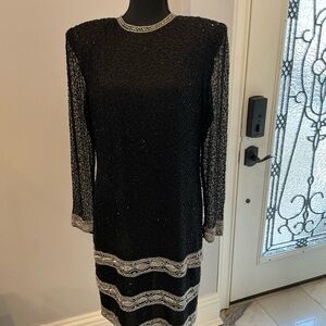 Vintage Brilliante by JA black and silver silk beaded dress. Size L